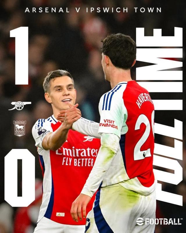 实时比分查询-【英超】哈弗茨破门，阿森纳1比0伊普斯维奇