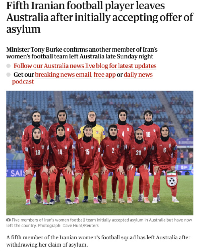 kaiyun登录入口-仅剩2人！伊朗女足队长撤回庇护连夜赶回亚洲 外媒：她家人失踪了